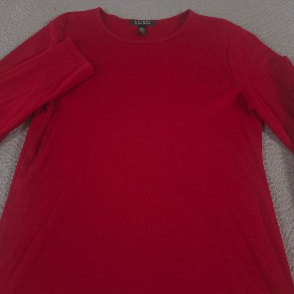 Lauren Ralph Lauren Top Womens Large Red 100% Cotton Rib Knit Sleeve Pocket Tee
